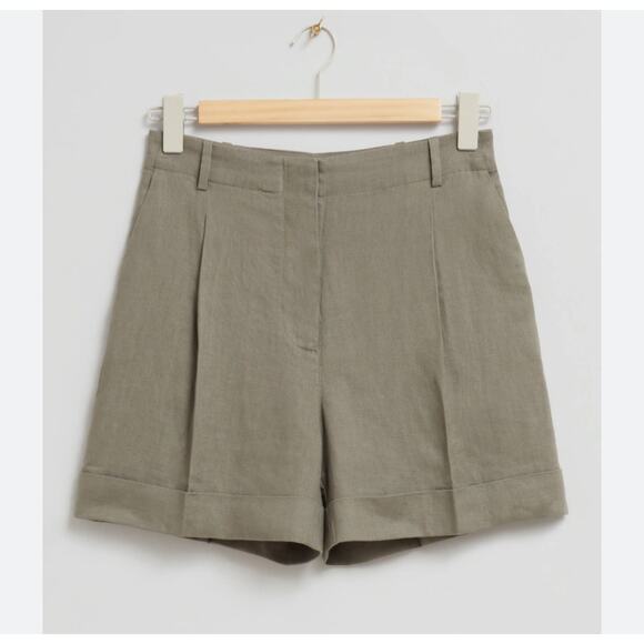 & Other Stories Tailed High-Rise Linen Blend Shorts - Green US 10 - Picture 1 of 8